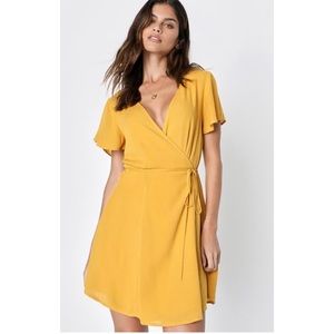 Lulus Harbor Point Mustard Yellow Flutter Sleeve Mini Wrap Dress